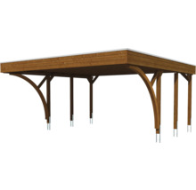 Carport en bois avec toit plat et supports incurvés.