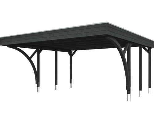 Carport en bois foncé avec toit plat, bras de force incurvés et ancres métalliques.