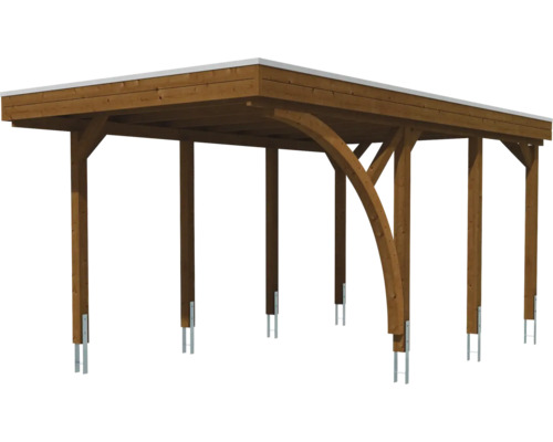 Carport aus Holz mit Flachdach, sechs Pfosten und gebogenen Kopfbändern.