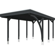Carport moderne en bois avec toit plat et supports courbés.