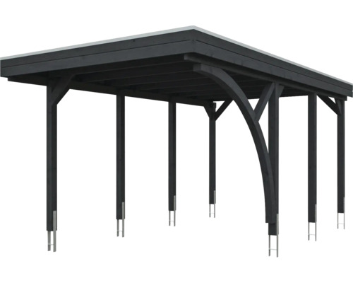 Carport moderne en bois avec toit plat et supports courbés.