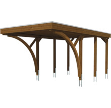 Carport en bois avec toit plat, supports arqués et ancrages de poteaux en métal.