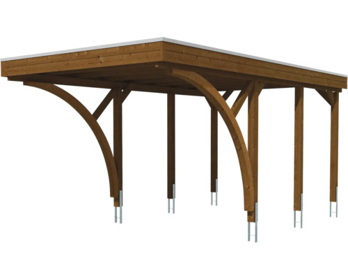 Carport en bois avec toit plat, supports arqués et ancrages de poteaux en métal.