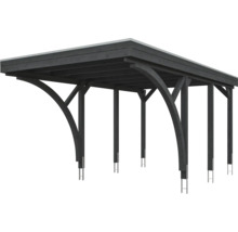 Carport simple moderne en bois anthracite avec toit plat et jambes de force courbées.
