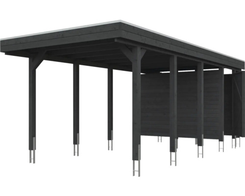 Carport en bois gris foncé avec toit plat et paroi arrière partielle en planches de bois.