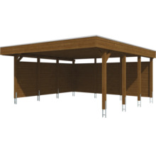 Carport en bois avec toit plat et trois parois latérales fermées, poteaux avec ancrages métalliques.