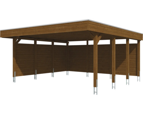 Carport en bois avec toit plat et trois parois latérales fermées, poteaux avec ancrages métalliques.