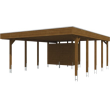 Carport double en bois avec toit plat et remise intégrée sur supports de poteaux métalliques.