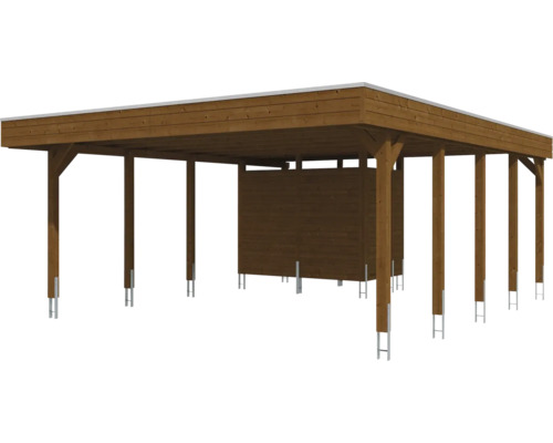 Carport double en bois avec toit plat et remise intégrée sur supports de poteaux métalliques.