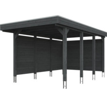 Carport en bois avec toit plat, paroi arrière et paroi latérale de couleur anthracite.