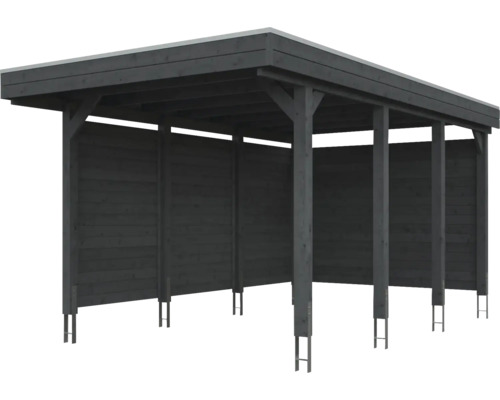 Carport en bois avec toit plat, paroi arrière et paroi latérale de couleur anthracite.