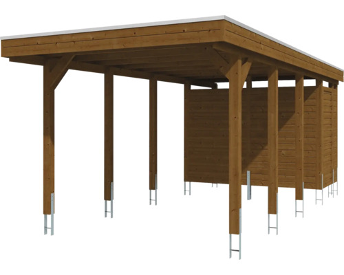 Carport en bois avec remise intégrée et toit plat, monté sur des supports de poteaux en métal.