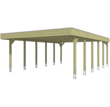 Grand carport multiple en bois avec toit plat et poteaux robustes sur ancres métalliques.
