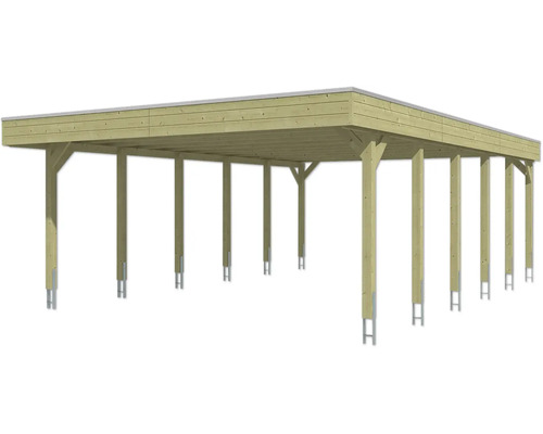 Grand carport multiple en bois avec toit plat et poteaux robustes sur ancres métalliques.