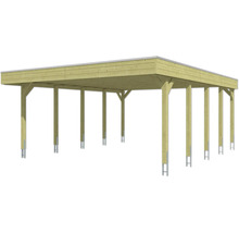 Grand carport en bois avec toit plat et ancres de poteaux en métal.