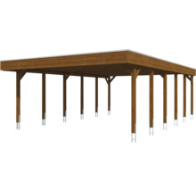 Carport double en bois avec toit plat et poteaux stables.