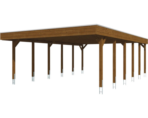 Carport double en bois avec toit plat et poteaux stables.