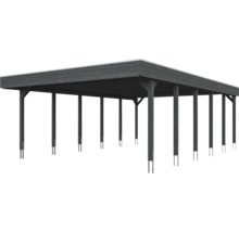 Carport double en bois foncé avec toit plat et poteaux robustes fixés sur ancres métalliques.