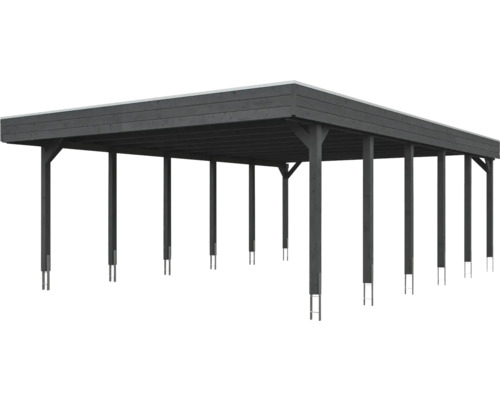 Carport double en bois foncé avec toit plat et poteaux robustes fixés sur ancres métalliques.