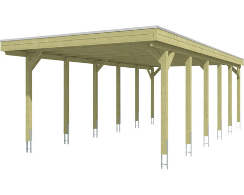 Grand carport en bois clair avec toit plat et supports de poteaux en métal.