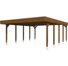 Carport double en bois avec toit plat et supports de poteaux en métal