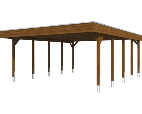 Carport double en bois avec toit plat et supports de poteaux en métal
