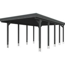 Carport double en bois avec toit plat et ancrages de poteaux en gris anthracite