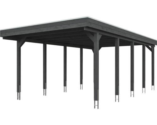 Carport double en bois avec toit plat et ancrages de poteaux en gris anthracite