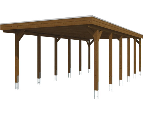 Carport en bois avec toit plat et supports de poteaux en métal.