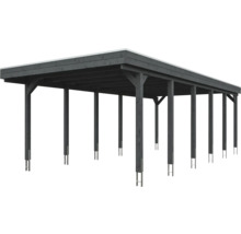 Carport double en bois avec toit plat et ancrages de poteaux en anthracite.