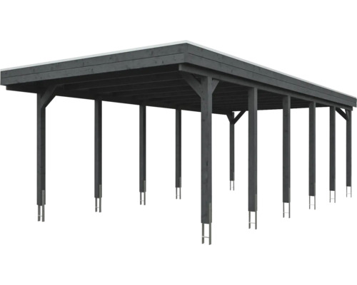 Carport double en bois avec toit plat et ancrages de poteaux en anthracite.