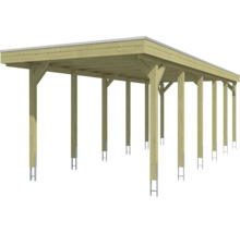 Carport aus Holz mit Flachdach und Pfostenankern.