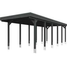Carport en bois anthracite avec toit plat et dix poteaux sur ancrages métalliques.
