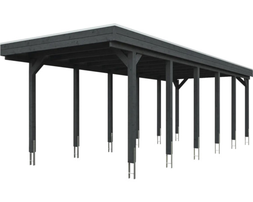 Carport en bois anthracite avec toit plat et dix poteaux sur ancrages métalliques.