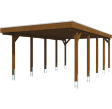 Carport en bois avec toit plat et poteaux avec ancres de poteau.