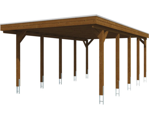 Carport en bois avec toit plat et poteaux avec ancres de poteau.