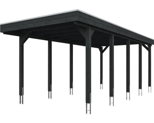 Carport en bois foncé avec toit plat et ancrages de poteaux en métal.