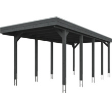 Carport moderne en bois gris anthracite avec toit plat et ancrages de poteaux métalliques.