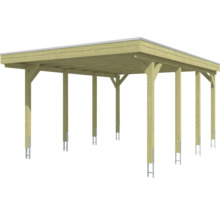 Carport en bois à toit plat avec poteaux massifs et supports de poteaux métalliques.