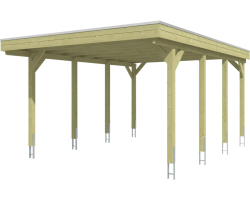 Carport en bois à toit plat avec poteaux massifs et supports de poteaux métalliques.