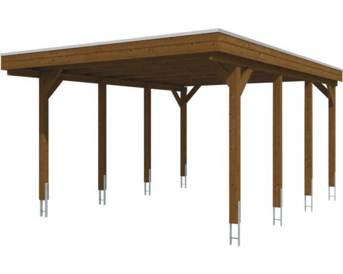 Doppelcarport aus Holz mit Flachdach und massiven Pfosten inklusive H-Pfostenankern.