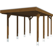 Carport en bois avec toit plat et ancres de poteaux.