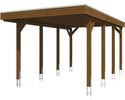 Carport en bois avec toit plat et ancres de poteaux.