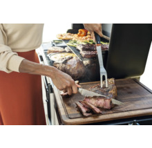 Une personne coupe de la viande grillée sur une planche à découper à côté d'un barbecue contenant d'autres viandes et légumes.