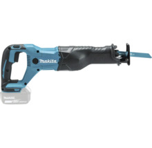 Scie sabre sans fil Makita bleue et noire avec batterie lithium-ion 18 Volt et lame de scie.