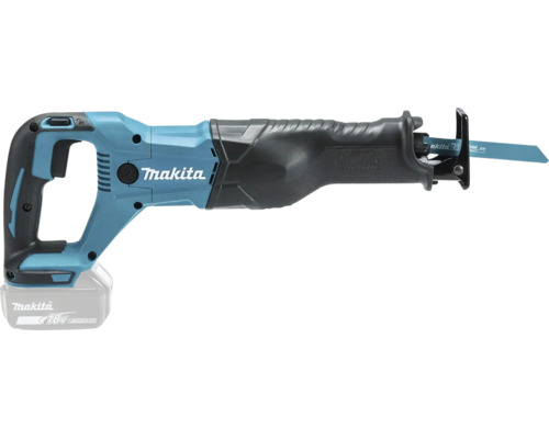Scie sabre sans fil Makita bleue et noire avec batterie lithium-ion 18 Volt et lame de scie.