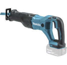 Scie sabre sans fil Makita 18 Volt avec lame de scie installée et batterie lithium-ion.