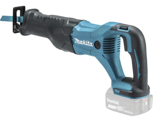 Scie sabre sans fil Makita 18 Volt avec lame de scie installée et batterie lithium-ion.