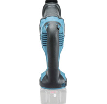 Scie sabre sans fil Makita en plastique bleu avec poignée en caoutchouc, fentes de ventilation et indicateur de charge de batterie, vue arrière.