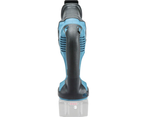 Scie sabre sans fil Makita en plastique bleu avec poignée en caoutchouc, fentes de ventilation et indicateur de charge de batterie, vue arrière.